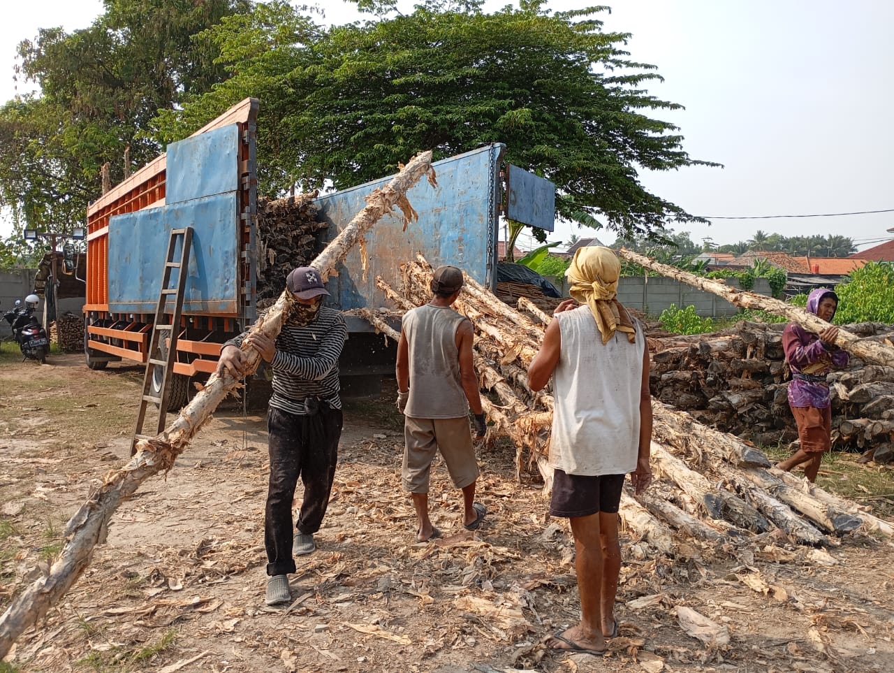 Bongkar muat kayu dolken gelam siap antar ke pelanggan di Cikarang — foto 1